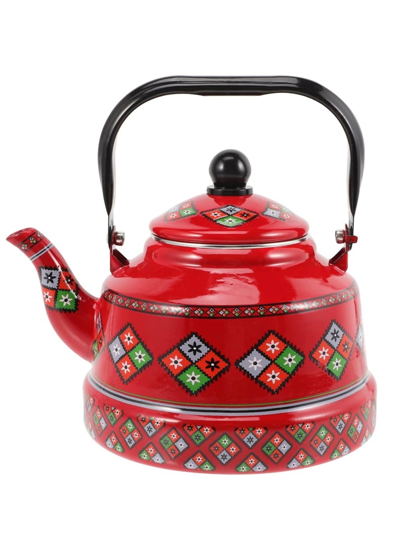 Vintage Enamel Teapot Stainless Steel Tea Kettle Camping Coffee Kettle Floral Hot Water Boiler Pot for Home Kitchen Red 2.5L - Image 1